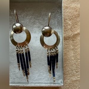 Native American Silver Hoop Fringe Earrings with lapis Beads